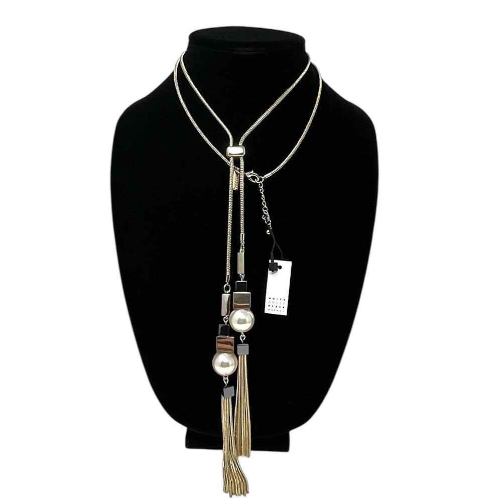 NEW White House Black Market Gold Lariat Tassel Necklace w/ Faux Pearls NWT